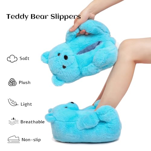 Teddy Bear Slippers for Women Fluffy Bear Shoes Plush Animal Bears Slippers Winter Warm fuzzy Carton Sneaker Slippers Girls Christmas Valentine Birthday Gifts Sky Blue