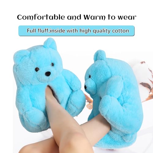 Teddy Bear Slippers for Women Fluffy Bear Shoes Plush Animal Bears Slippers Winter Warm fuzzy Carton Sneaker Slippers Girls Christmas Valentine Birthday Gifts Sky Blue