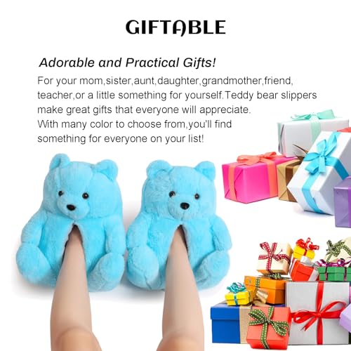 Teddy Bear Slippers for Women Fluffy Bear Shoes Plush Animal Bears Slippers Winter Warm fuzzy Carton Sneaker Slippers Girls Christmas Valentine Birthday Gifts Sky Blue