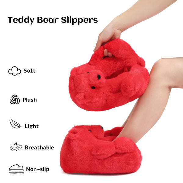 TODDLER Teddy Bear Slippers for Women Bear Shoes Fluffy Plush Animal Bears Slippers Winter Warm Fluzzy Slides Oversized Sneaker For Girls Christmas Holiday Birthday Valentine Gifts Red