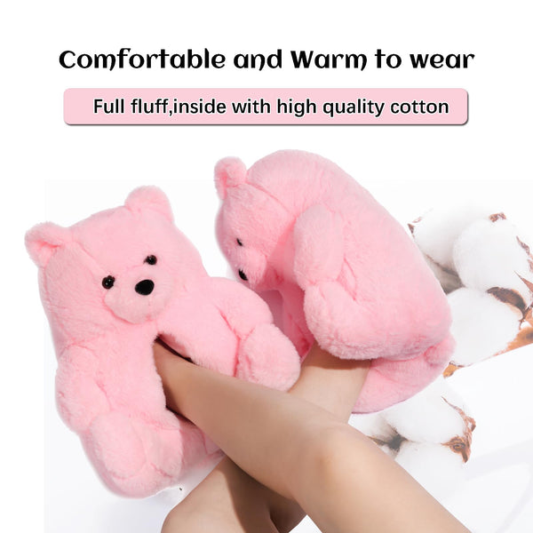 DOVORSY Teddy Bear Slippers for Women Bear Shoes Fluffy Plush Animal Bears Slippers Winter Warm Fluzzy Slides Oversized Sneaker For Girls Christmas Holiday Birthday Valentine Gifts Red