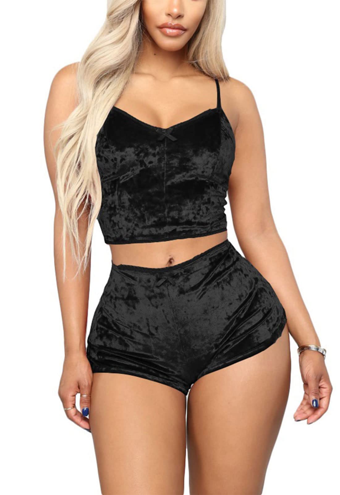 Angsuttc Pajamas for Women Shorts Set,Velvet Spaghetti Strap Crop Top Camisole and Shorts 2 Piece Outfits Black OL