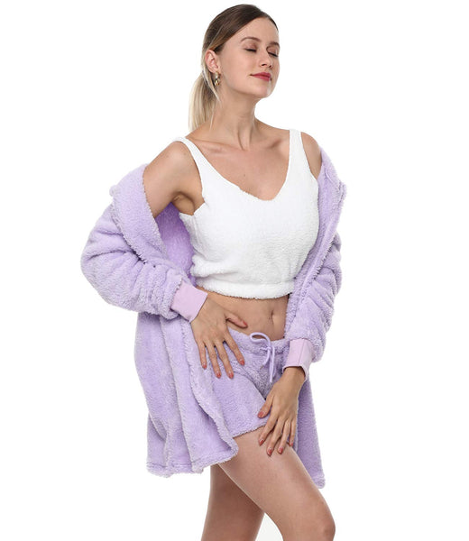 Womens Sexy Fuzzy Warm Sherpa Fleece 3 Piece Outfit Fleece Coat Jacket Outwear and Spaghetti Strap Crop Top Shorts Set (purple, M)