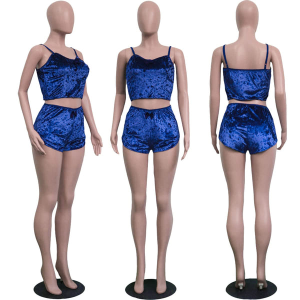 Angsuttc Velvet 2 Piece Shorts Set for Women Sleeveless Strapy Cami Crop Tops Pajama Set Royal Blue L