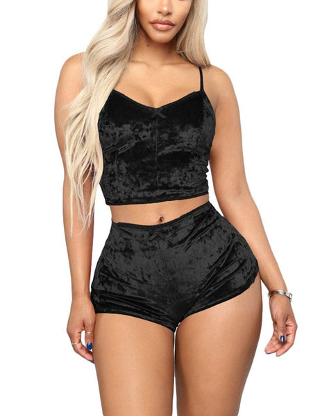 Angsuttc Pajamas for Women Shorts Set,Velvet Spaghetti Strap Crop Top Camisole and Shorts 2 Piece Outfits Black OL