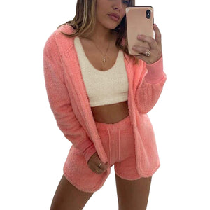 Womens Sexy Fuzzy Warm Sherpa Fleece 3 Piece Outfit Fleece Coat Jacket Outwear and Spaghetti Strap Crop Top Shorts Set (orange, M)