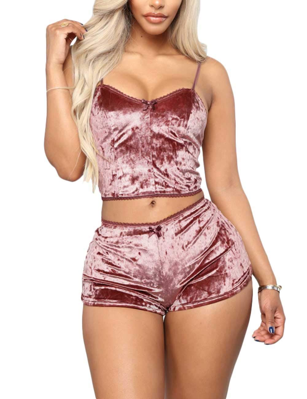 Women's Velvet 2 Piece Outfit Spaghetti Strap Sleeveless Crop Top+ Shorts Set Pink L