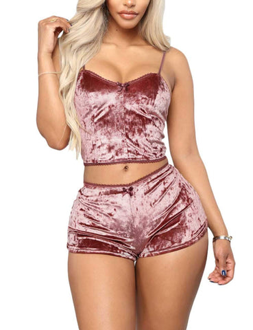 Women's Velvet 2 Piece Outfit Spaghetti Strap Sleeveless Crop Top+ Shorts Set Pink L