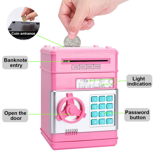 Acalu Piggy Bank for Boys and Girls, Mini ATM Auto Scroll Paper Coin Bank Money Saving Box with Password, Cashes & Coins Saving Box for Kids Gifts Toys Pink