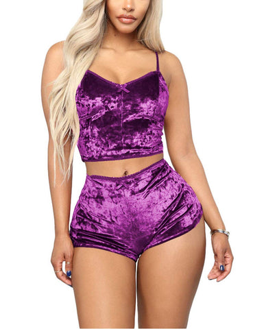 Angsuttc Sexy 2 Piece Pajama Set for Women Velvet Spaghetti Strap Cami Crop Tops and Shorts Outfits, Purple L