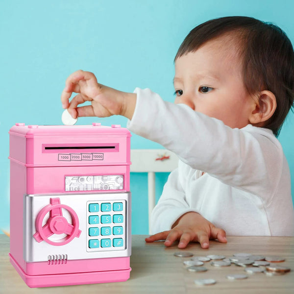 Acalu Piggy Bank for Boys and Girls, Mini ATM Auto Scroll Paper Coin Bank Money Saving Box with Password, Cashes & Coins Saving Box for Kids Gifts Toys Pink