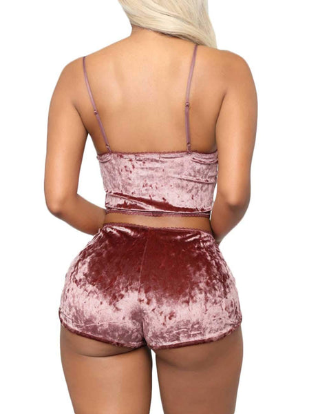 Women's Velvet 2 Piece Outfit Spaghetti Strap Sleeveless Crop Top+ Shorts Set Pink L