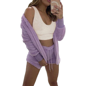 Womens Sexy Fuzzy Warm Sherpa Fleece 3 Piece Outfit Fleece Coat Jacket Outwear and Spaghetti Strap Crop Top Shorts Set (purple, M)