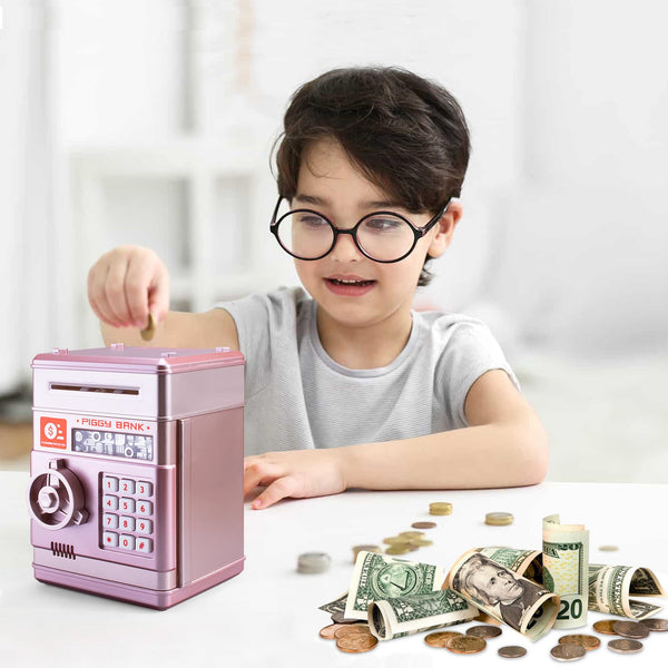 Piggy Bank for Boys and Girls, Mini ATM Auto Scroll Paper Coin Bank Money Saving Box with Password, Cashes & Coins Saving Box for Kids Gifts Toys Pink