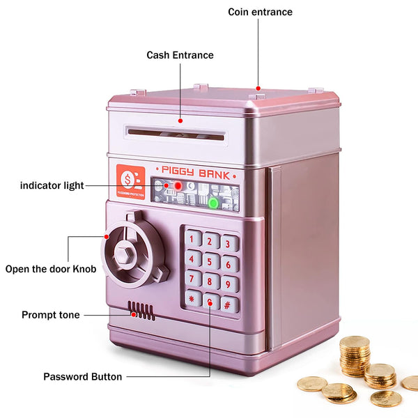 Piggy Bank for Boys and Girls, Mini ATM Auto Scroll Paper Coin Bank Money Saving Box with Password, Cashes & Coins Saving Box for Kids Gifts Toys Pink