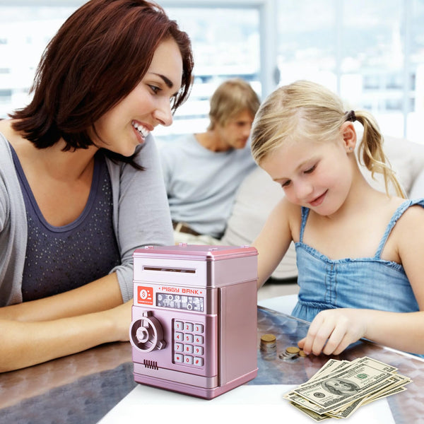 Piggy Bank for Boys and Girls, Mini ATM Auto Scroll Paper Coin Bank Money Saving Box with Password, Cashes & Coins Saving Box for Kids Gifts Toys Pink