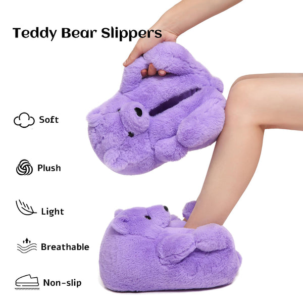 TODDLER Teddy Bear Slippers for Women Fluffy Bear Shoes Plush Animal Bears Slippers Cute Character Mama Bear Slippers Girls Gift For Christmas Valentine Birthday Purple