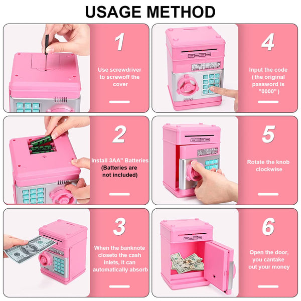 Acalu Piggy Bank for Boys and Girls, Mini ATM Auto Scroll Paper Coin Bank Money Saving Box with Password, Cashes & Coins Saving Box for Kids Gifts Toys Pink