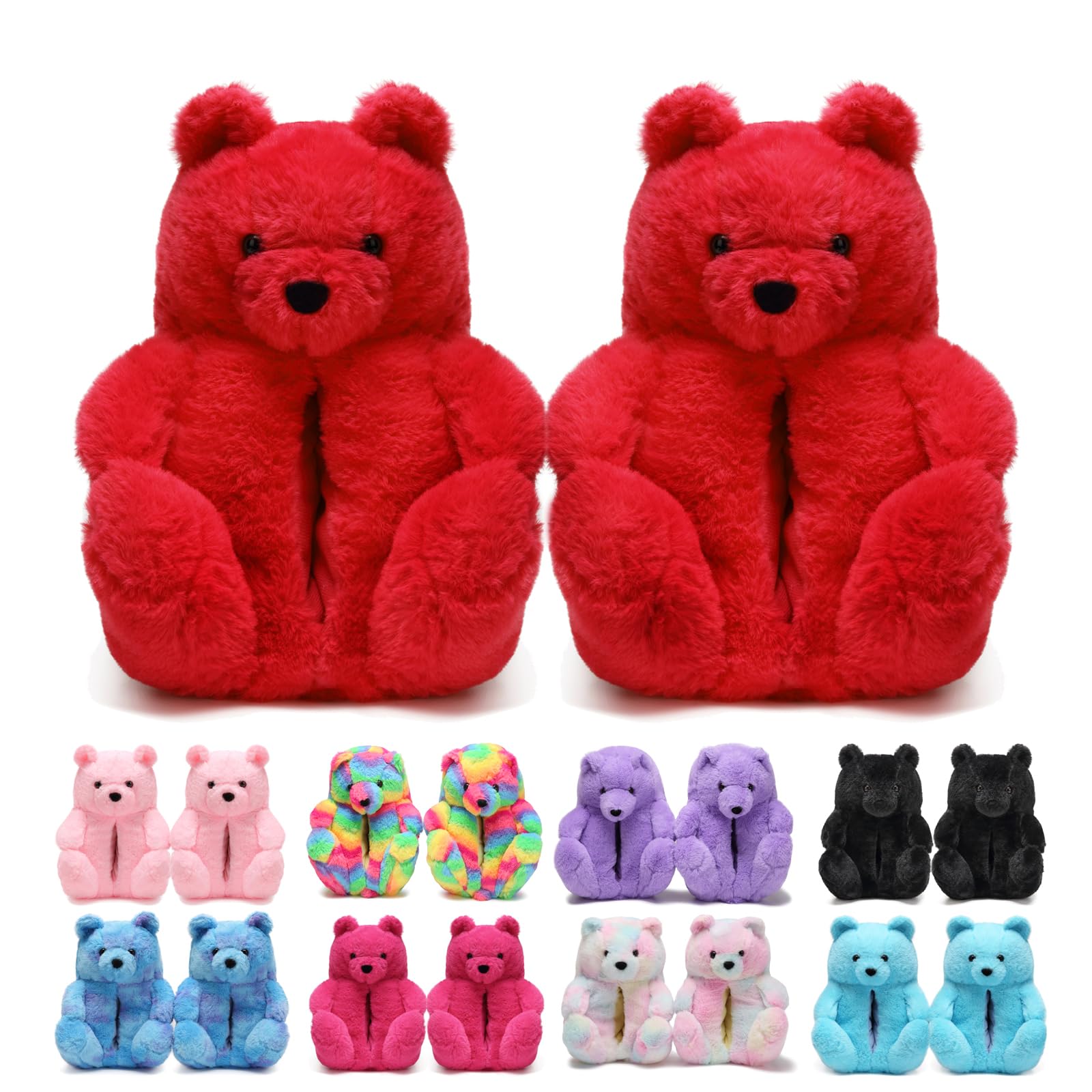 TODDLER Teddy Bear Slippers for Women Bear Shoes Fluffy Plush Animal Bears Slippers Winter Warm Fluzzy Slides Oversized Sneaker For Girls Christmas Holiday Birthday Valentine Gifts Red