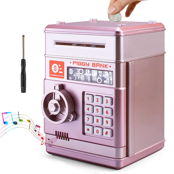 Piggy Bank for Boys and Girls, Mini ATM Auto Scroll Paper Coin Bank Money Saving Box with Password, Cashes & Coins Saving Box for Kids Gifts Toys Pink