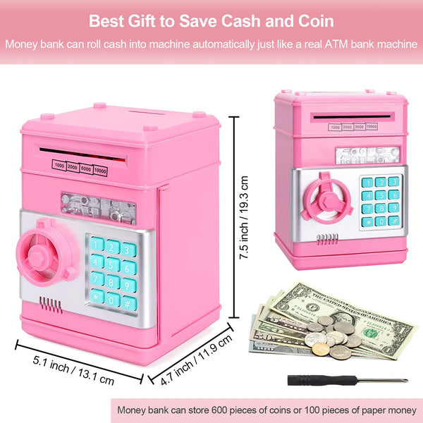 Acalu Piggy Bank for Boys and Girls, Mini ATM Auto Scroll Paper Coin Bank Money Saving Box with Password, Cashes & Coins Saving Box for Kids Gifts Toys Pink