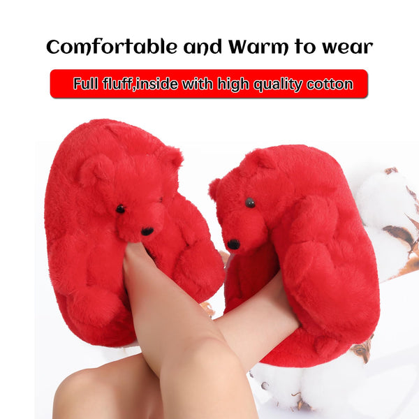 TODDLER Teddy Bear Slippers for Women Bear Shoes Fluffy Plush Animal Bears Slippers Winter Warm Fluzzy Slides Oversized Sneaker For Girls Christmas Holiday Birthday Valentine Gifts Red