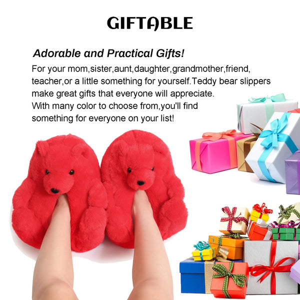 TODDLER Teddy Bear Slippers for Women Bear Shoes Fluffy Plush Animal Bears Slippers Winter Warm Fluzzy Slides Oversized Sneaker For Girls Christmas Holiday Birthday Valentine Gifts Red