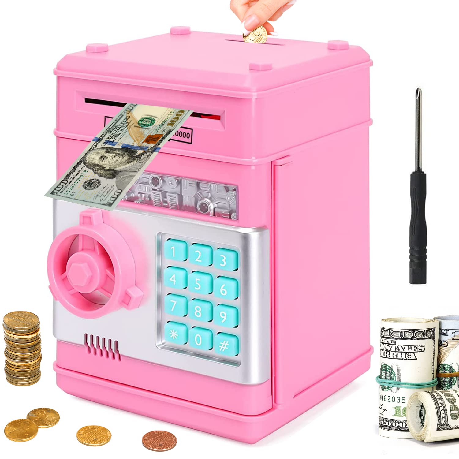 Piggy Bank for Boys and Girls, Mini ATM Auto Scroll Paper Coin Bank Money Saving Box with Password, Cashes & Coins Saving Box for Kids Gifts Toys Pink