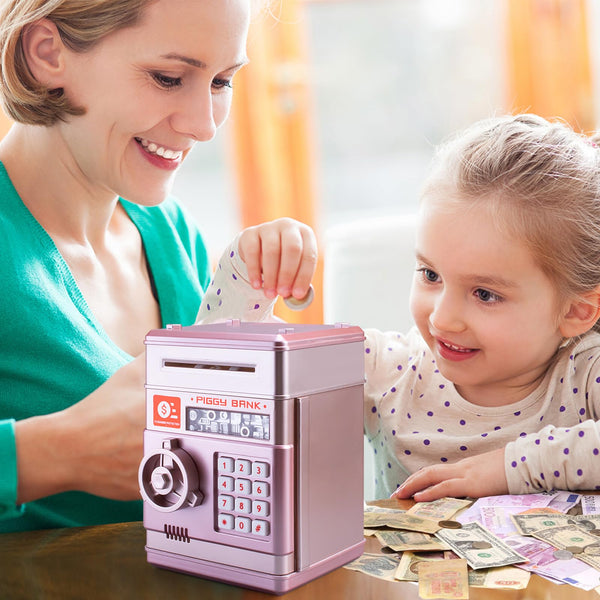 Piggy Bank for Boys and Girls, Mini ATM Auto Scroll Paper Coin Bank Money Saving Box with Password, Cashes & Coins Saving Box for Kids Gifts Toys Pink