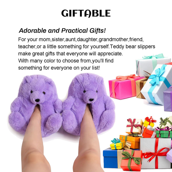 TODDLER Teddy Bear Slippers for Women Fluffy Bear Shoes Plush Animal Bears Slippers Cute Character Mama Bear Slippers Girls Gift For Christmas Valentine Birthday Purple