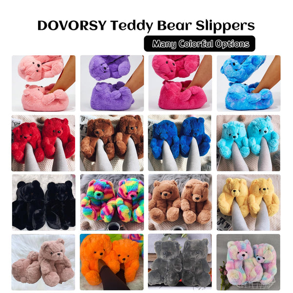 DOVORSY Teddy Bear Slippers for Women Bear Shoes Fluffy Plush Animal Bears Slippers Winter Warm Fluzzy Slides Oversized Sneaker For Girls Christmas Holiday Birthday Valentine Gifts Red