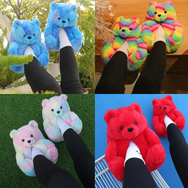 xiaofeiniu Teddy Bear Slippers Women Plush Animal Slppers Winter Warm Home Indoor Anti-Slip Faux Fur Men Shoes