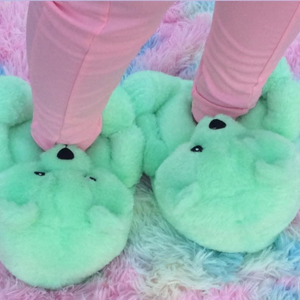 Teddy Bear Slippers Women Plush Animal Slppers Winter Warm Home Indoor Anti-Slip Faux Fur Men Shoes